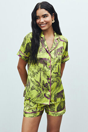 Amoureux Jardin Desenli Kısa Saten Pijama Takımı