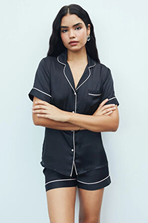 Amoureux Siyah Kısa Saten Pijama Takımı