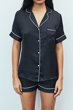 Amoureux Siyah Kısa Saten Pijama Takımı