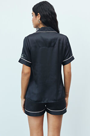 Amoureux Siyah Kısa Saten Pijama Takımı