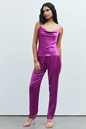 Brûleur Fuşya Degaje Yaka Askılı Uzun Saten Pijama Takımı