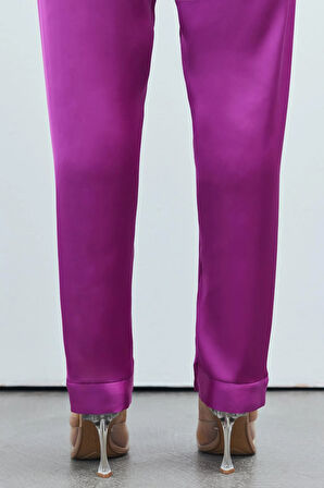 Brûleur Fuşya Degaje Yaka Askılı Uzun Saten Pijama Takımı