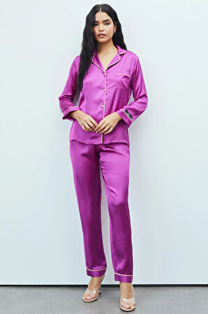 Amour Fuşya Uzun Saten Pijama Takımı
