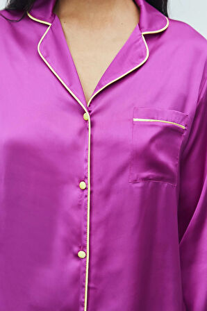 Amour Fuşya Uzun Saten Pijama Takımı