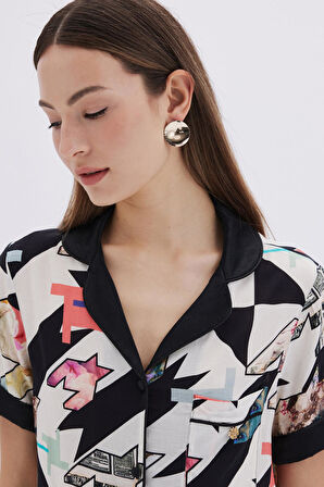 Mixte Desenli Saten Detaylı Kısa Viskon Pijama Takımı