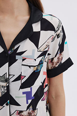 Mixte Desenli Saten Detaylı Kısa Viskon Pijama Takımı