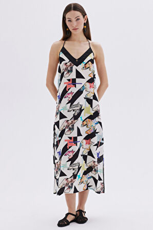 Mixte Desenli Saten Detaylı Askılı Uzun Viskon Gecelik