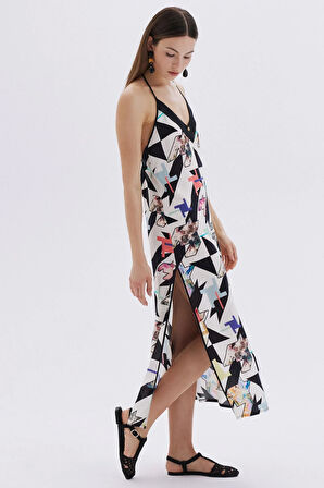 Mixte Desenli Saten Detaylı Askılı Uzun Viskon Gecelik