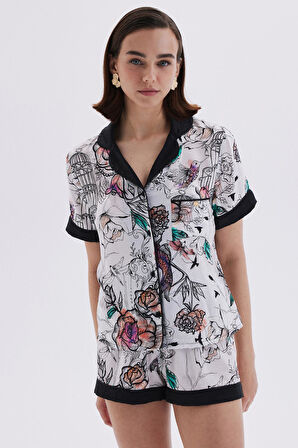 Maison Royale Desenli Saten Detaylı Kısa Viskon Pijama Takımı
