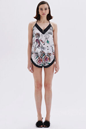 Maison Royale Desenli Saten Detaylı Askılı Kısa Viskon Pijama Takımı