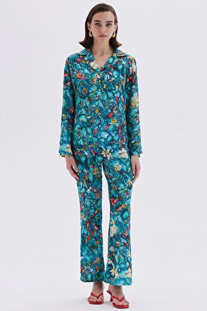 Monet's Bond Desenli  Uzun Saten Pijama Takımı