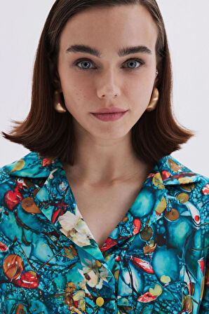 Monet's Bond Desenli  Uzun Saten Pijama Takımı