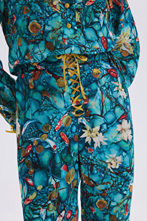 Monet's Bond Desenli  Uzun Saten Pijama Takımı