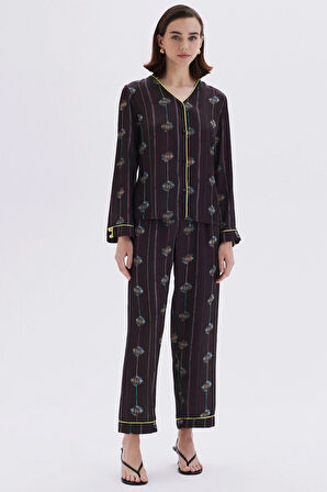 Elucious Desenli Uzun Saten Pijama Takımı