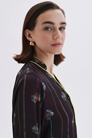 Elucious Desenli Uzun Saten Pijama Takımı