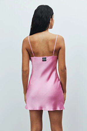 Êtincelle Şeker Pembesi Degaje Yaka Askılı Kısa Saten Gecelik