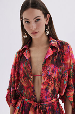 Seille Desenli Uzun Saten Sabahlık / Kimono