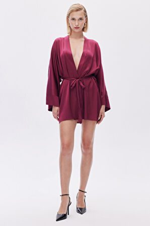 Fumée Bordo Kısa Saten Sabahlık / Kimono
