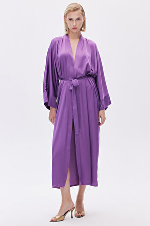 Frappant Eflatun Uzun Saten Sabahlık / Kimono