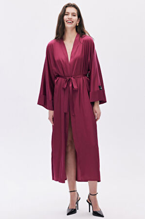 Frappant Bordo Uzun Saten Sabahlık / Kimono