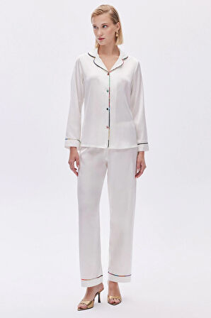 Colorex Ekru Uzun Saten Pijama Takımı