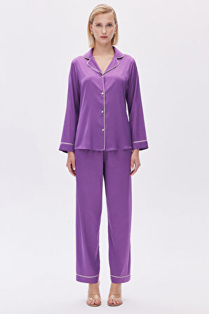 Colorex Eflatun Uzun Saten Pijama Takımı