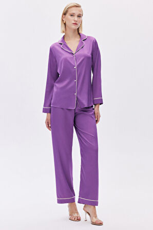 Colorex Eflatun Uzun Saten Pijama Takımı