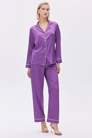 Colorex Eflatun Uzun Saten Pijama Takımı
