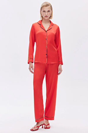 Colorex Nar Çiçeği Uzun Saten Pijama Takımı