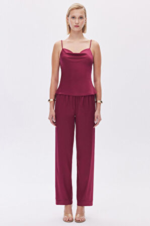 Brûleur Bordo Degaje Yaka Askılı Uzun Saten Pijama Takımı