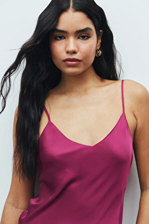 Cendre Bordo V Yaka Askılı Kısa Saten Gecelik