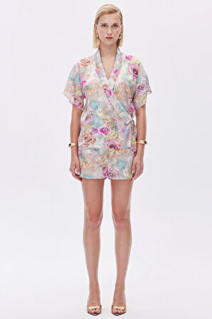Marguerite Desenli Kruvaze Kısa Saten Pijama Takımı
