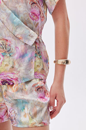 Marguerite Desenli Kruvaze Kısa Saten Pijama Takımı