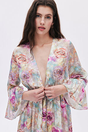 Marguerite Desenli Uzun Saten Sabahlık / Kimono