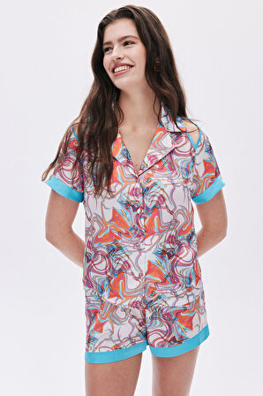 Leyiza Desenli Kısa Saten Pijama Takımı