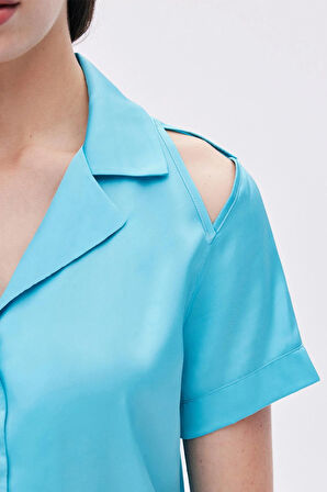 Leyiza Elu Mavisi Kısa Saten Pijama Takımı