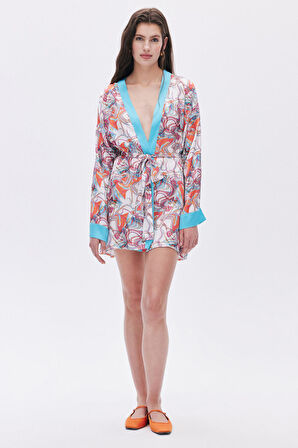 Leyiza Desenli Kısa Saten Sabahlık / Kimono
