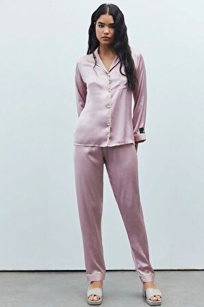 Amour Gül Kurusu Uzun Saten Pijama Takımı