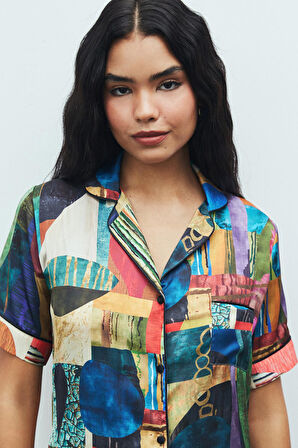 Amoureux Coloré Desenli Kısa Saten Pijama Takımı