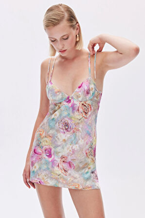 Marguerite Desenli Saten Kısa Gecelik