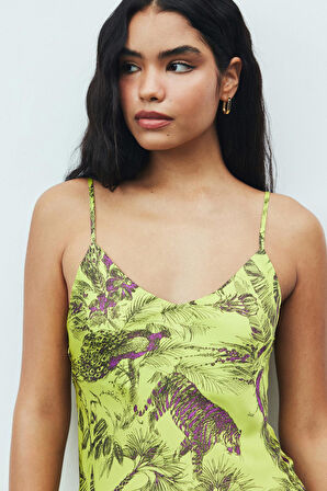 Cendre Jardin Desenli V Yaka Askılı Kısa Saten Gecelik