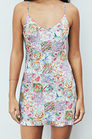 Cendre Petit Desenli V Yaka Askılı Kısa Saten Gecelik