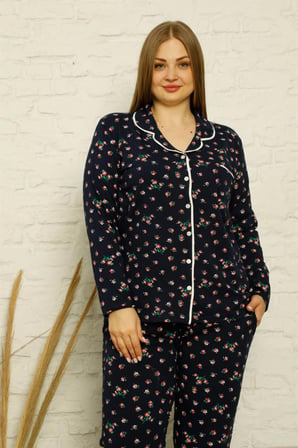 Akbeniz Kadın Pamuklu Cepli Uzun Kol Büyük Beden Pijama Takım 202127
