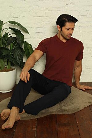 Akbeniz Erkek Bordo V Yaka 3'lü Pijama Takım 6822