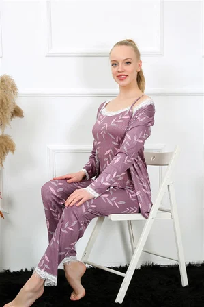 Akbeniz Kadın 3'lü Lila Sabahlık Pijama Takım 16103