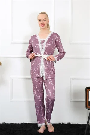 Akbeniz Kadın 3'lü Lila Sabahlık Pijama Takım 16103