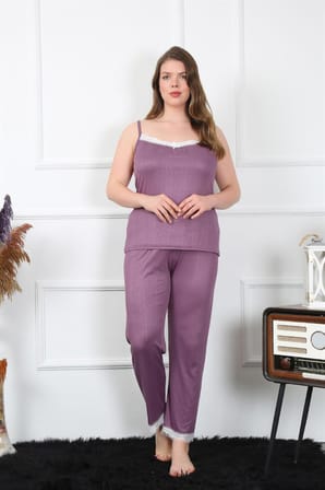 Akbeniz Kadın Büyük Beden Mürdüm İp Askılı Pijama Takım 202195