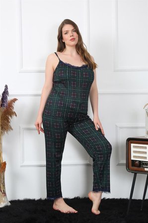 Akbeniz Kadın Büyük Beden Yeşil Ekoseli İp Askılı Pijama Takım 202197