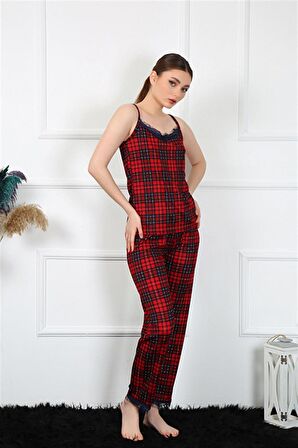 Akbeniz Kadın İp Askılı Kırmızı Ekoseli Pijama Takım 4135