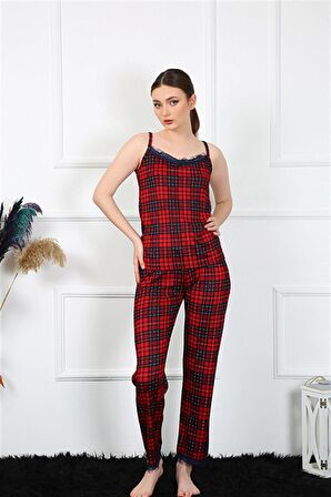 Akbeniz Kadın İp Askılı Kırmızı Ekoseli Pijama Takım 4135